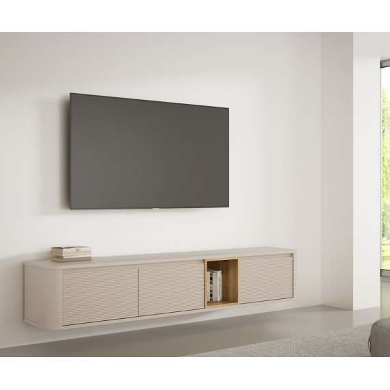 Tv-benk BREATH - 215x41 cm - beige sand - 3 dører - avrundede kanter