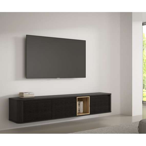 Tv-benk BREATH - 215x41 cm - eik svart - 3 dører - avrundede kanter