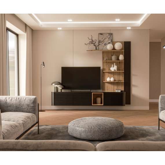 Tv-benk BREATH - 215x41 cm - eik svart - 3 dører - avrundede kanter