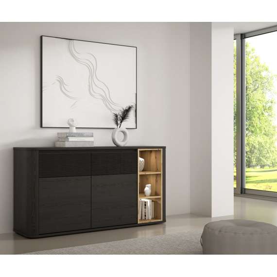 Tv-benk BREATH - 160x83 cm - eik svart - 2 skuffer - 2 dører - avrundede kanter