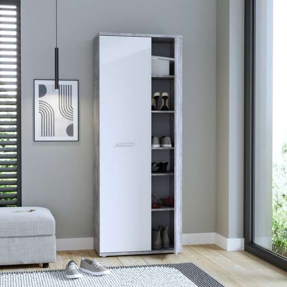 Stort skoskap Netto100 169x179 - lys betong - hvit matt - 2 dører - hyller