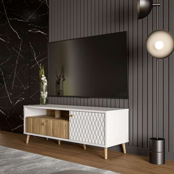 Tv-benk Aksana - 134x50 cm - 1dør - 1 skuff - eik mavuel - hvit matt