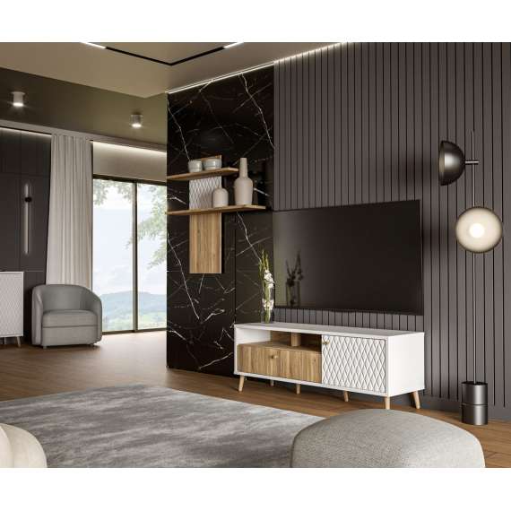 Tv-benk Aksana - 134x50 cm - 1dør - 1 skuff - eik mavuel - hvit matt