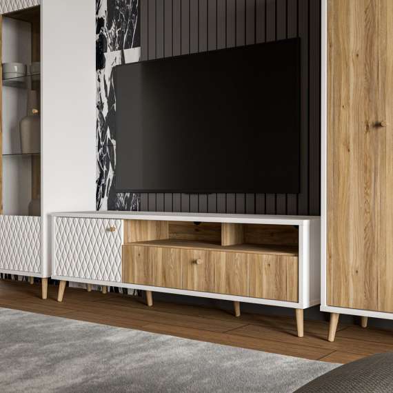 Tv-benk Aksana - 155x50 cm - 1dør - 1 skuff - eik mavuel - hvit matt