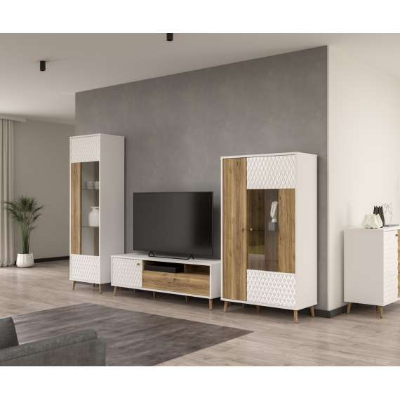 Tv-benk Aksana - 155x50 cm - 1dør - 1 skuff - eik mavuel - hvit matt