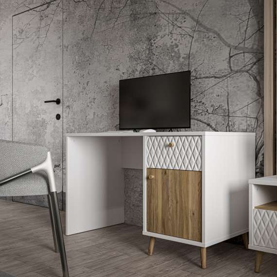 Skrivebord Aksana - 120x60 cm - 1dør - 1 skuff - eik mavuel - hvit matt