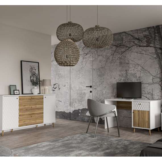 Skrivebord Aksana - 120x60 cm - 1dør - 1 skuff - eik mavuel - hvit matt