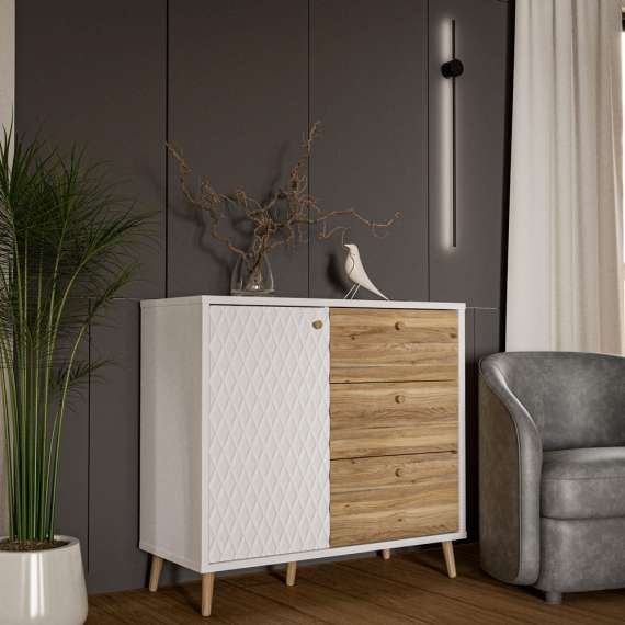 Skjenk Aksana - 94x88 cm - 1dør - 3 skuffer - eik mavuel - hvit matt