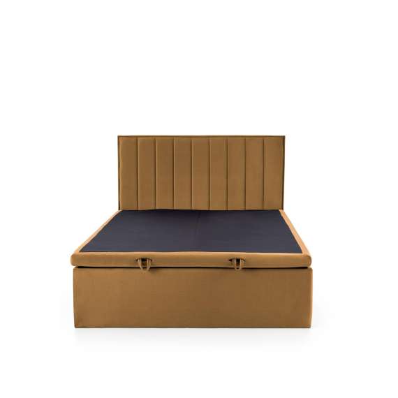 Seng Asento 160x200 cm - sennepsgul stoff - oppbevaringsplass