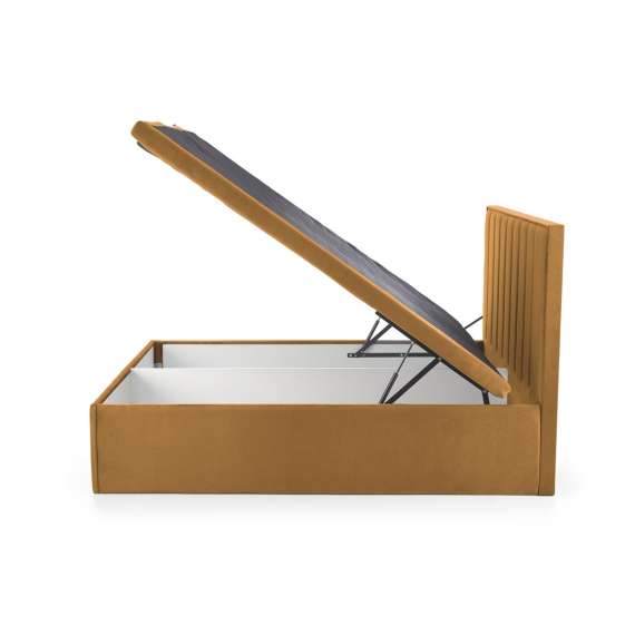 Seng Asento 160x200 cm - sennepsgul stoff - oppbevaringsplass