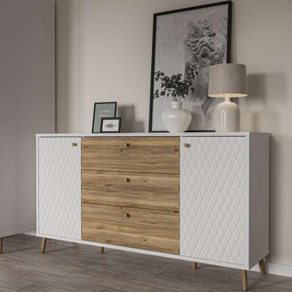 Skjenk Aksana - 160x88 cm - 1dør - 3 skuffer - eik mavuel - hvit matt