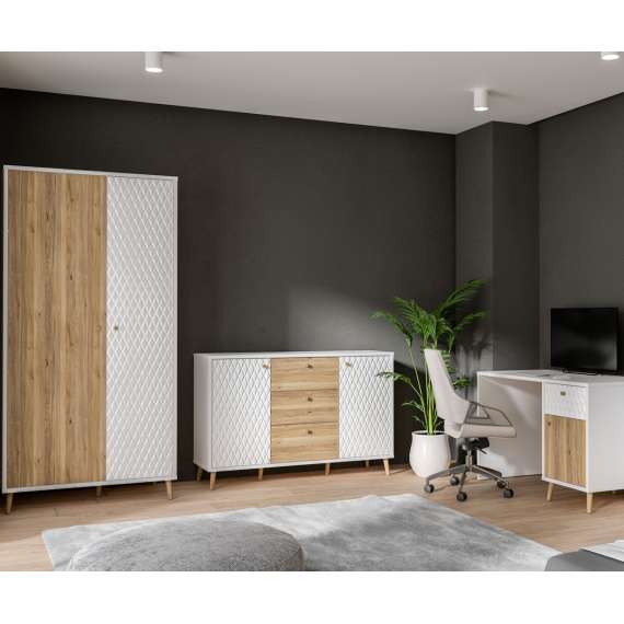 Skjenk Aksana - 160x88 cm - 1dør - 3 skuffer - eik mavuel - hvit matt