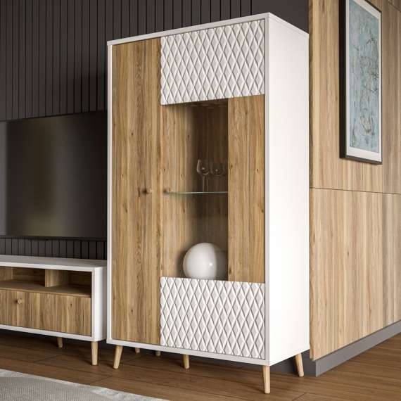 Vitrineskap Aksana - 90x161 cm - 2 dører - eik mavuel - hvit matt