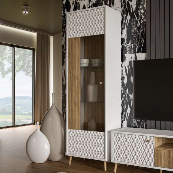 Vitrineskap Aksana - 60x200 cm - 1dør - eik mavuel - hvit matt