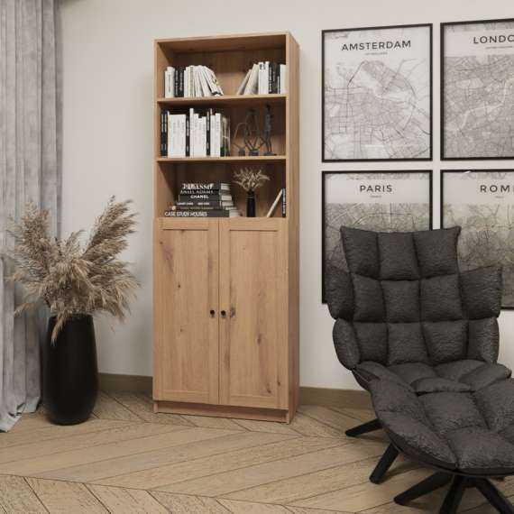 Reol Ted 75x205 cm - eik - 2 dører og hyller