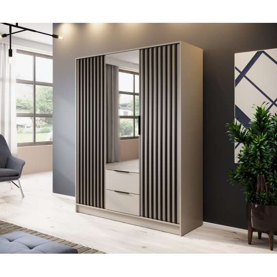 Garderobeskap Nelly 155x200 cm - 3 dører - 2 skuffer - Spiler