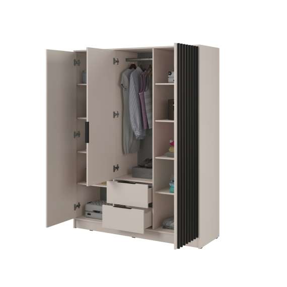 Garderobeskap Nelly 155x200 cm - 3 dører - 2 skuffer - Spiler