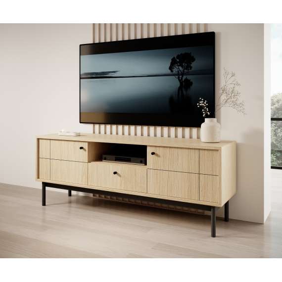 Tv-benk Japandi 154x57 cm - eik - med dører og skuff