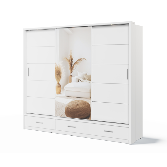 Garderobeskap Arti 250x215 - hvit - speil - 3 skuffer