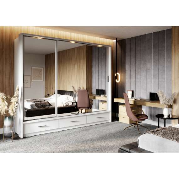 Garderobeskap Arti 250x215 - hvit - 3 speil - 3 skuffer