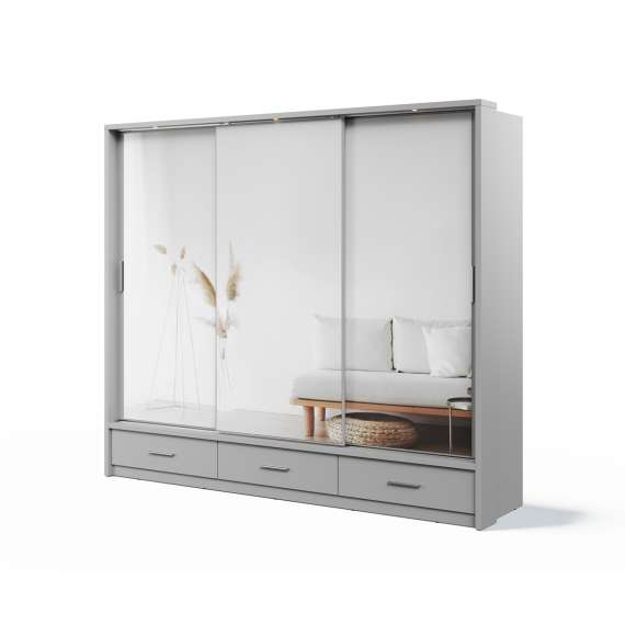 Garderobeskap Arti 250x215 - grå - 3 speil - 3 skuffer