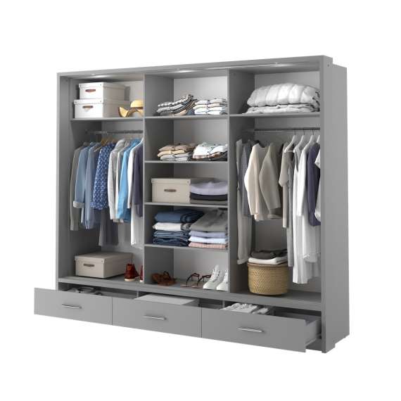 Garderobeskap Arti 250x215 - grå - 3 speil - 3 skuffer