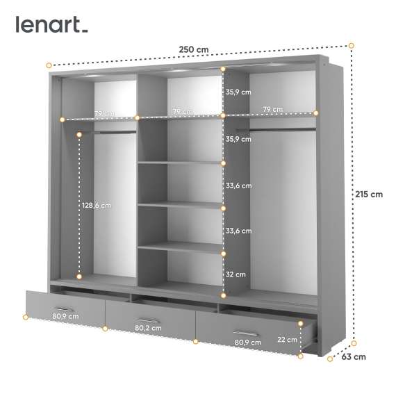 Garderobeskap Arti 250x215 - grå - 3 speil - 3 skuffer