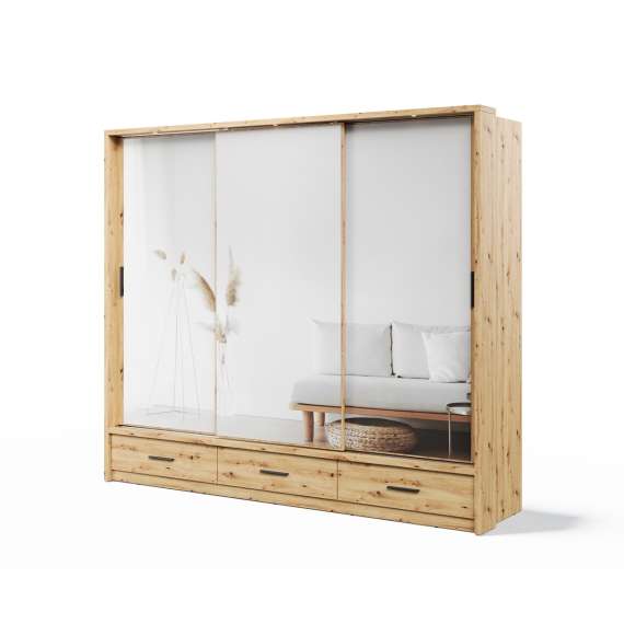 Garderobeskap Arti 250x215 - eik - 3 speil - 3 skuffer