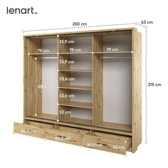 Garderobeskap Arti 250x215 - eik - 3 speil - 3 skuffer