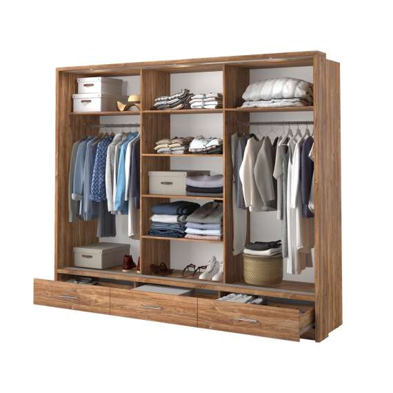 Garderobeskap Arti 250x215 - mørk eik - speil - 3 skuffer