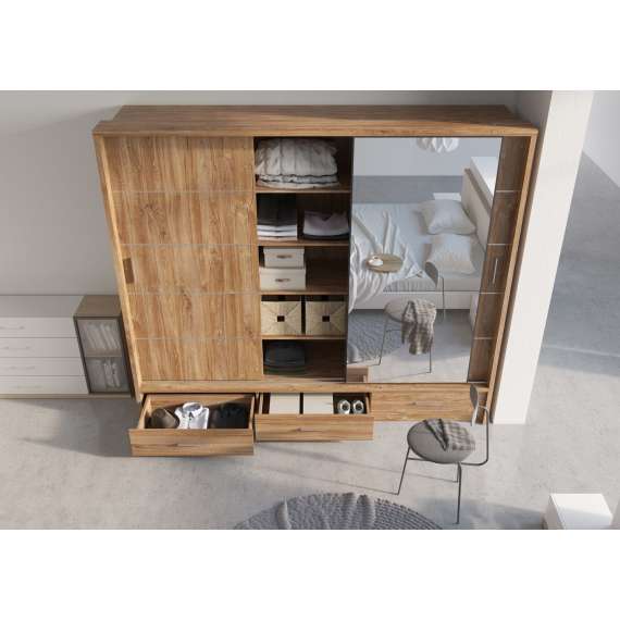 Garderobeskap Arti 250x215 - mørk eik - speil - 3 skuffer