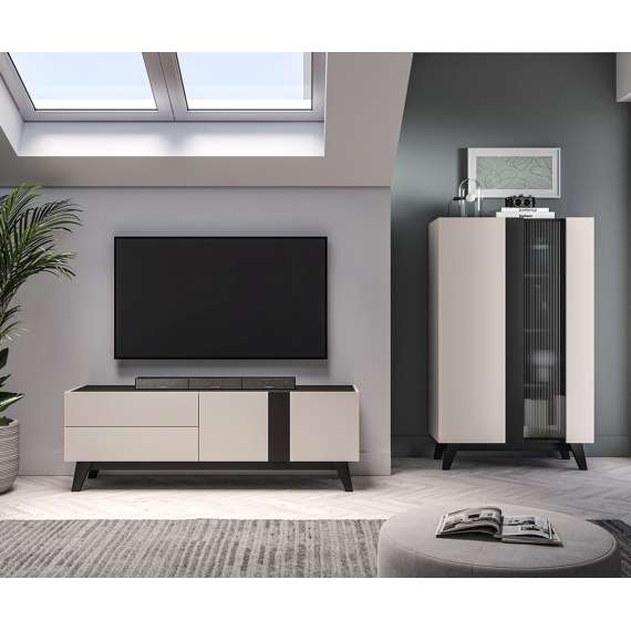 Tv-benk FRESH 160x55 - cashmere + svart matt - 2 dører - 2 skuffer