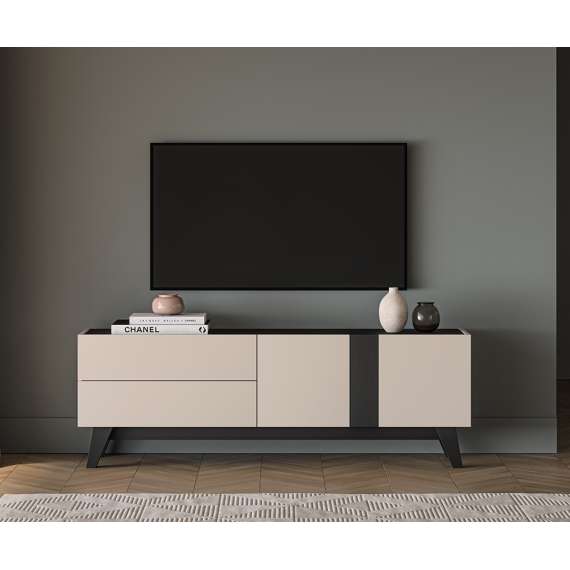 Tv-benk FRESH 160x55 - cashmere + svart matt - 2 dører - 2 skuffer