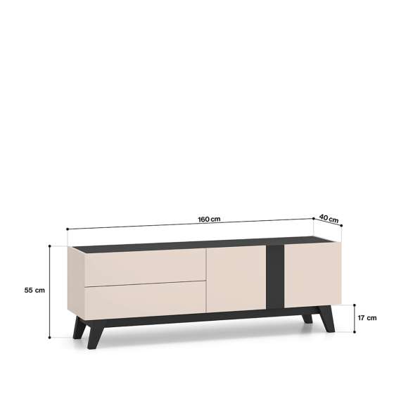 Tv-benk FRESH 160x55 - cashmere + svart matt - 2 dører - 2 skuffer