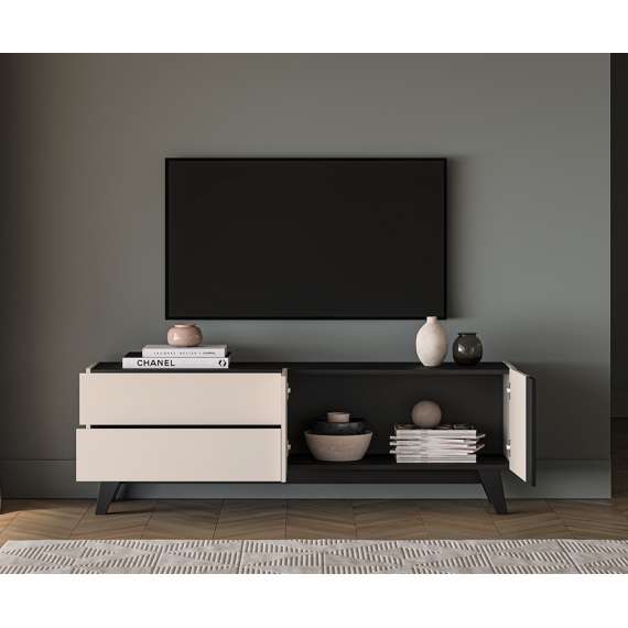 Tv-benk FRESH 160x55 - cashmere + svart matt - 2 dører - 2 skuffer