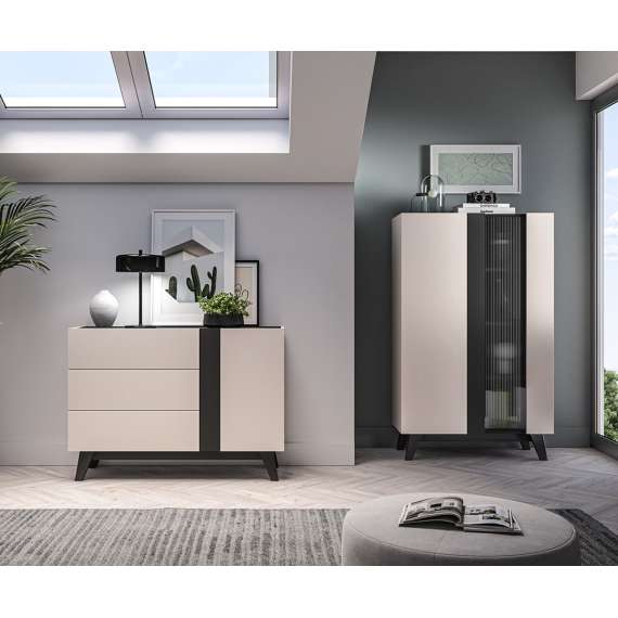 Skjenk FRESH 120x85 - cashmere + svart matt - 1 dør - 3 skuffer