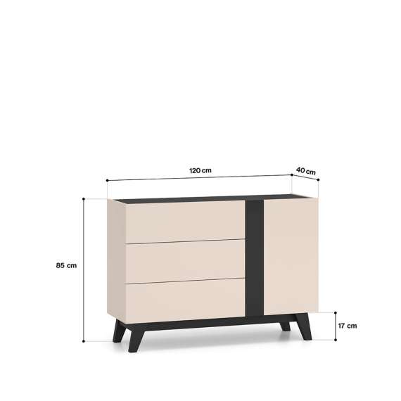 Skjenk FRESH 120x85 - cashmere + svart matt - 1 dør - 3 skuffer