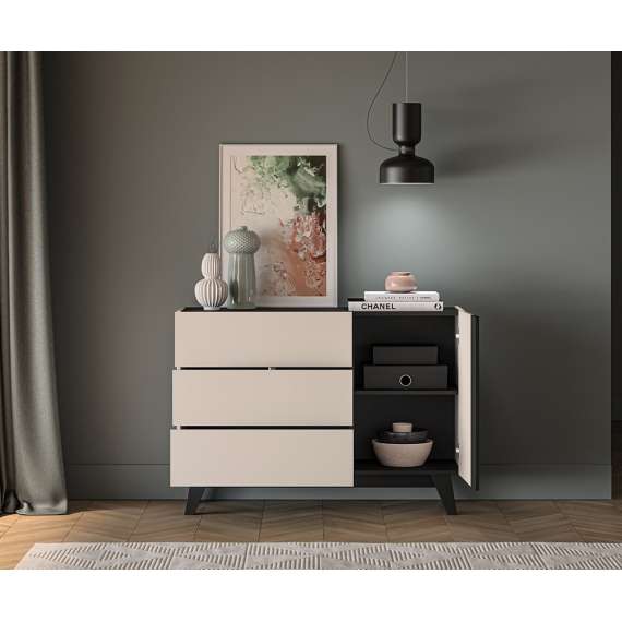 Skjenk FRESH 120x85 - cashmere + svart matt - 1 dør - 3 skuffer