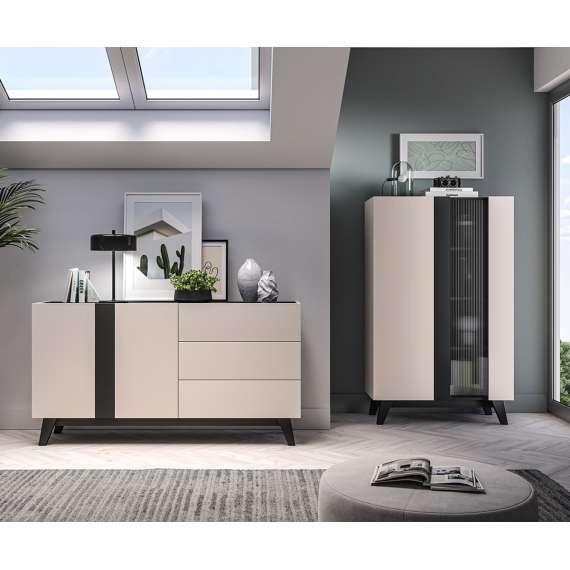 Skjenk FRESH 160x85 - cashmere + svart matt - 2 dører - 3 skuffer