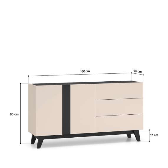 Skjenk FRESH 160x85 - cashmere + svart matt - 2 dører - 3 skuffer