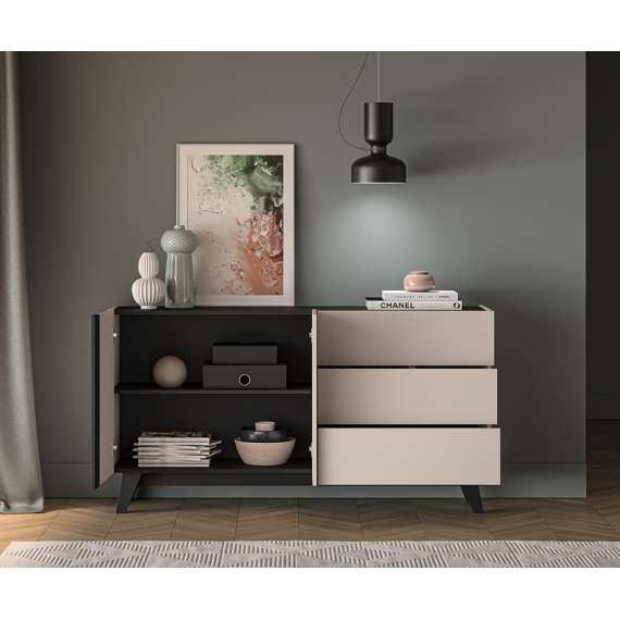 Skjenk FRESH 160x85 - cashmere + svart matt - 2 dører - 3 skuffer