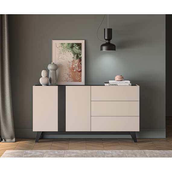 Skjenk FRESH 160x85 - cashmere + svart matt - 2 dører - 3 skuffer