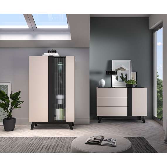 Vitrineskap FRESH 155x95 - cashmere + svart matt - glas riflet