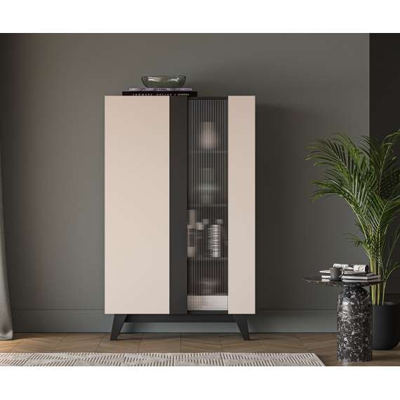 Vitrineskap FRESH 155x95 - cashmere + svart matt - glas riflet