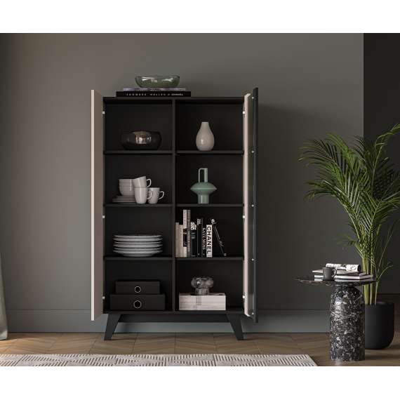 Vitrineskap FRESH 155x95 - cashmere + svart matt - glas riflet