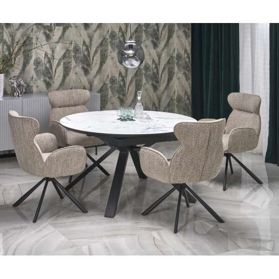 Spisebord Vertigo - Ø130 cm - hvit marmor - sorte ben