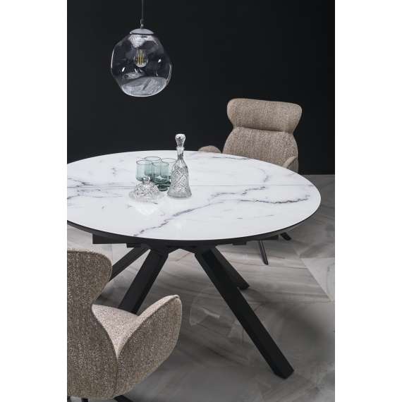 Spisebord Vertigo - Ø130 cm - hvit marmor - sorte ben