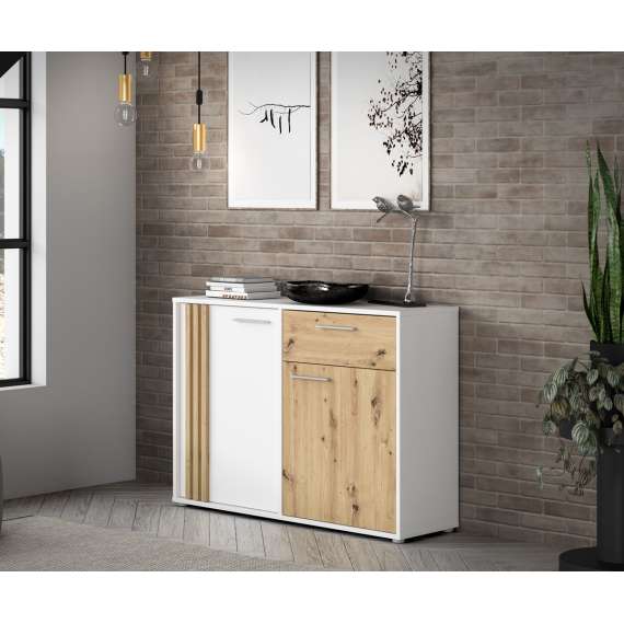 Skjenk CARDIGAN - 116x82 cm - eik artisan - hvit matt - 2 dører - 1 skuff