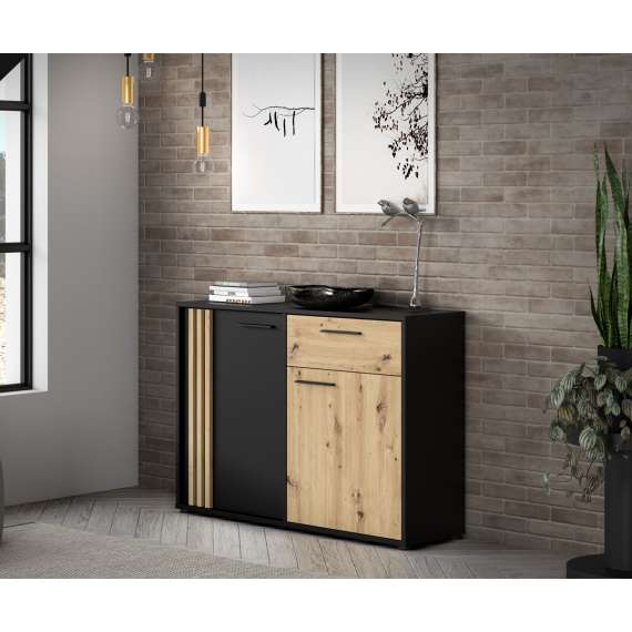 Skjenk CARDIGAN - 116x82 cm - eik artisan - svart matt - 2 dører - 1 skuff