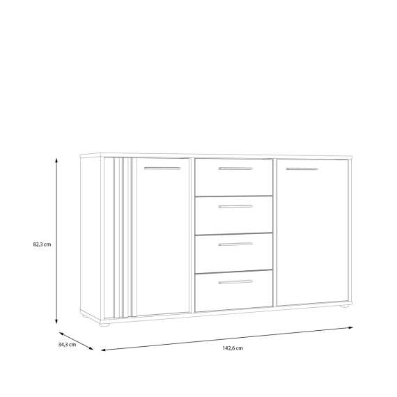 Skjenk CARDIGAN - 143x82 cm - eik artisan - hvit matt - 2 dører - 4 skuffer